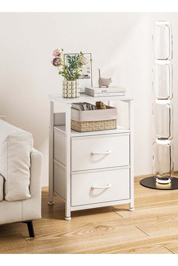 Nightstand with 2 Fabric Drawers, Simple Bedside Table, Space-Saving End Coffee Table, Side Table with Storage for Bedroom, Living Room, White