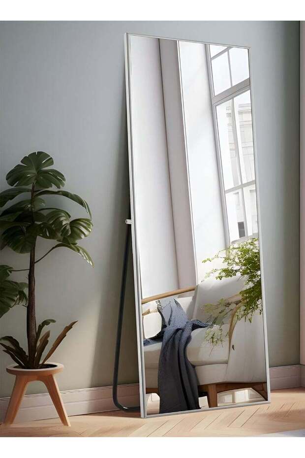 Large Mirror With Elegant Design 160x50 Cm-full Length Mirror With White Metal Frame And Back Stand - 2