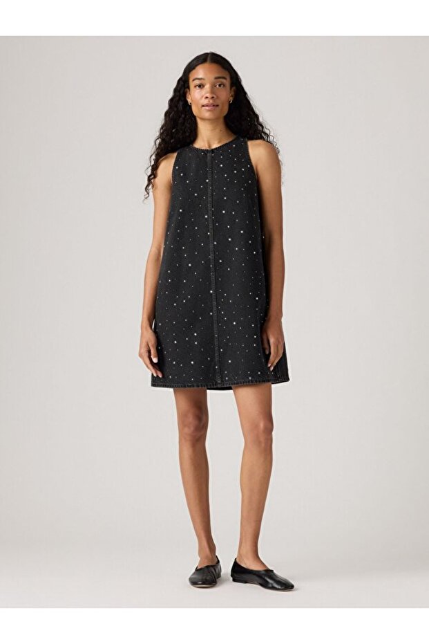 90's Shift Taşlı Denim Elbise - 1