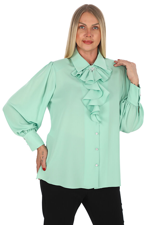 Plus Size Epaulet Sleeves Stone Button Ruffle Collar Brooch Detailed Stylish Women's Blouse