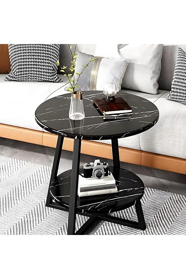 Coffee Table 2-Tier Round Marble Pattern Side Table - Black - 7