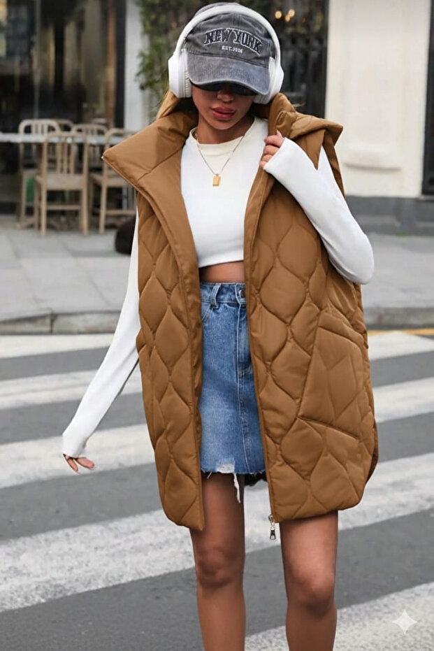 kapşonlu kaiptone uzun yelek - 1