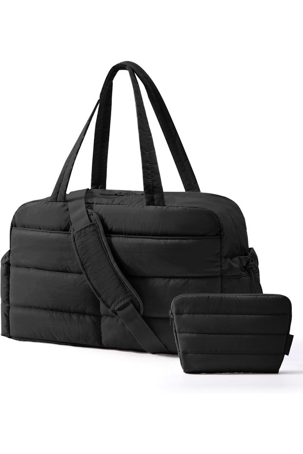31L Quilted Travel Duffle Gym Bag for Women with Toiletry Pouch, Water-Resistant, Black