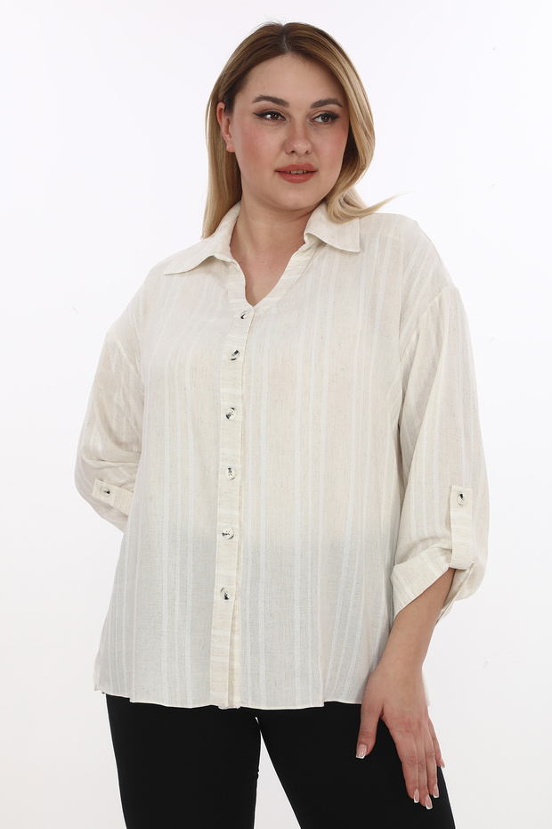 Plus Size Glitter Striped Shirt V-Neck Epaulet Long Sleeve Women's Shirt