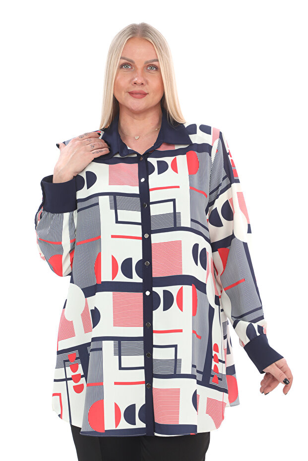 Plus Size Shirt Collar Metal Button Long Sleeve Geometric Pattern Casual Women's Tunic