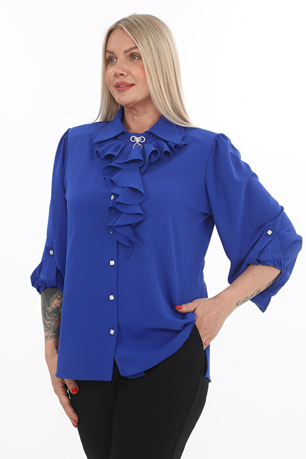 Plus Size Epaulet Sleeves Stone Button Ruffle Collar Brooch Detailed Stylish Women's Blouse