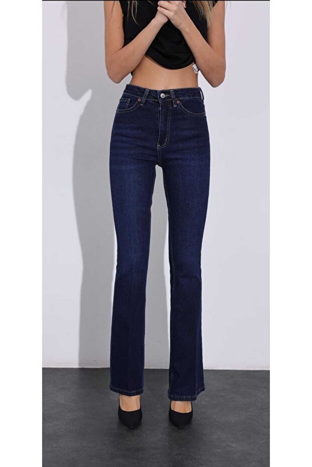 Bt16721679 Women's Navy Blue High Waist Stretch Fabric Extra Stretch Flared Jeans Denim Trousers