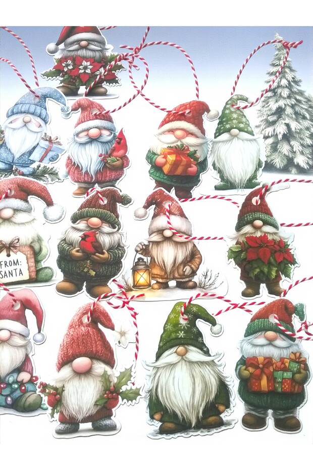 16-Piece Christmas Gnomes Themed Colorful Cardboard Tree Ornament - Gift Card Set – 7×8 cm