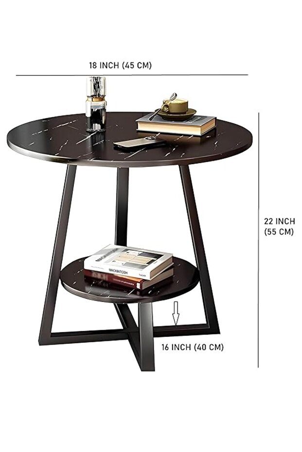 Coffee Table 2-Tier Round Marble Pattern Side Table - Black - 6