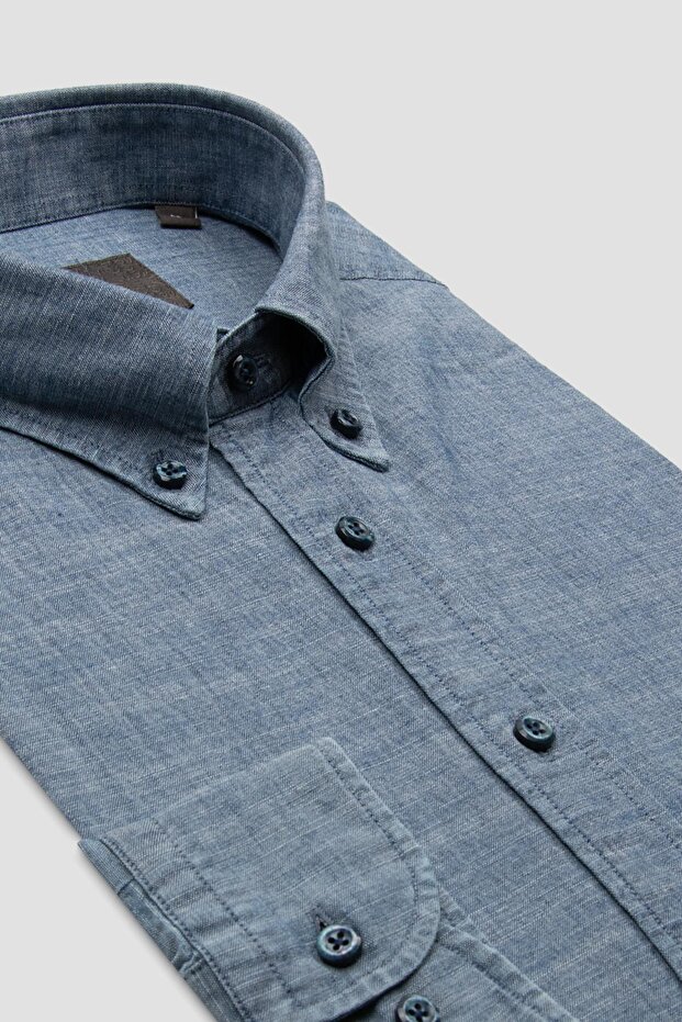 Natte Denim Cotton Comfort Fit Light Blue Button down Collar Men's Straight Shirt