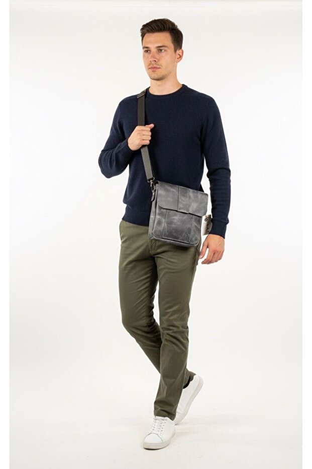 Genuine Leather Unisex Shoulder and Messenger Bag - Gray Color with Adjustable Strap 20X25 C