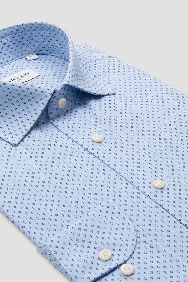 Bb Club Oscar Poplin Cotton Slim Fit Light Blue Classic Collar Men's Printed Shirt