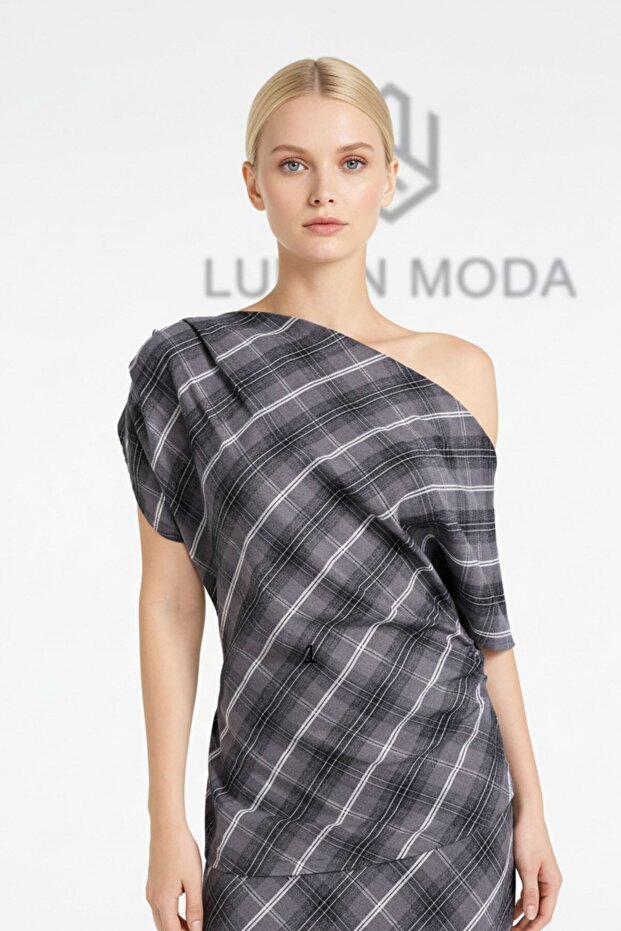 Women's One Shoulder Asymmetrical Cut Regular Fit Boat Neck Checkered Short Sleeve Blouse - Stylish Women's Blouse