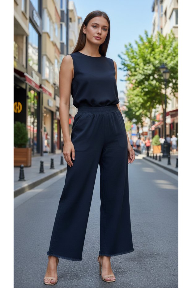 Women's Elastic Waist 100% Cotton Tassel-Cuffed Gabardine Trousers