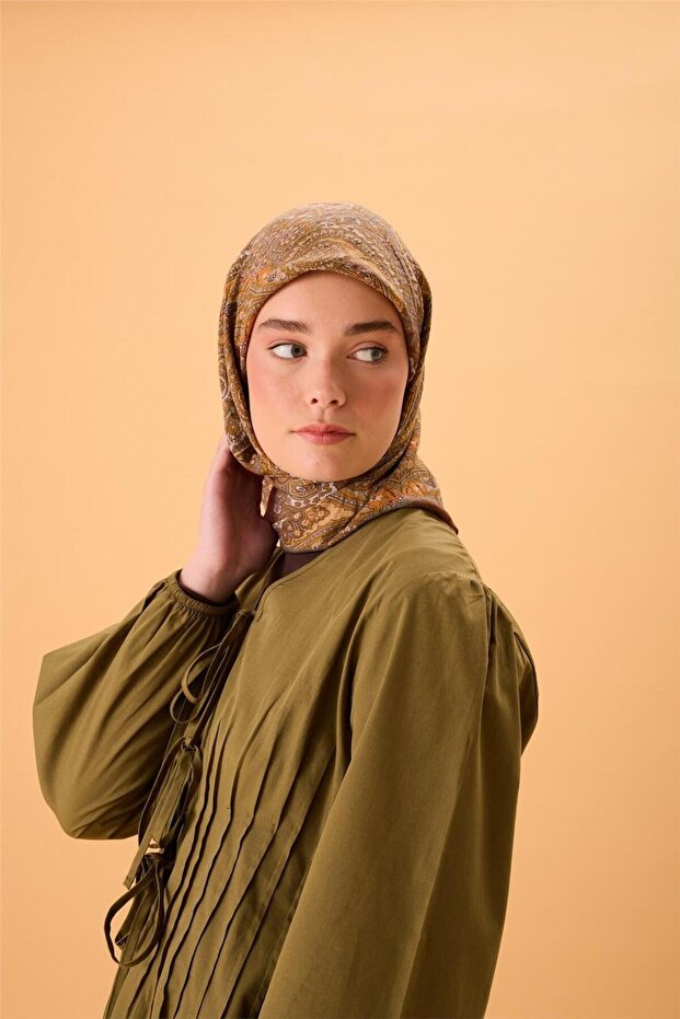 Viscose Blended Velora Scarf Brown-Burnt Yellow Water Green Orange Patterned Tok Duruşlu 90X90