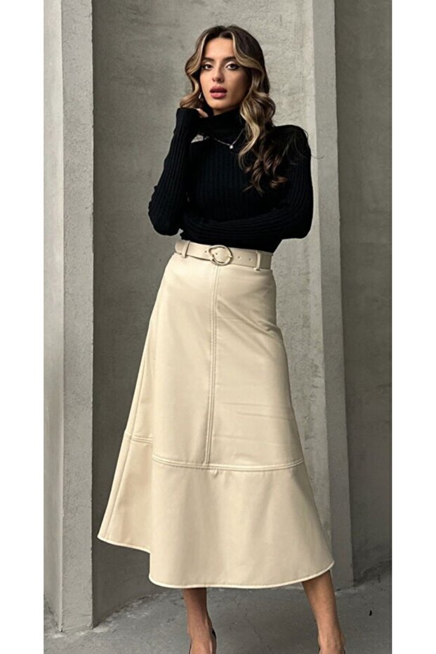 Kemerli Suni Deri Basic Etek - 1