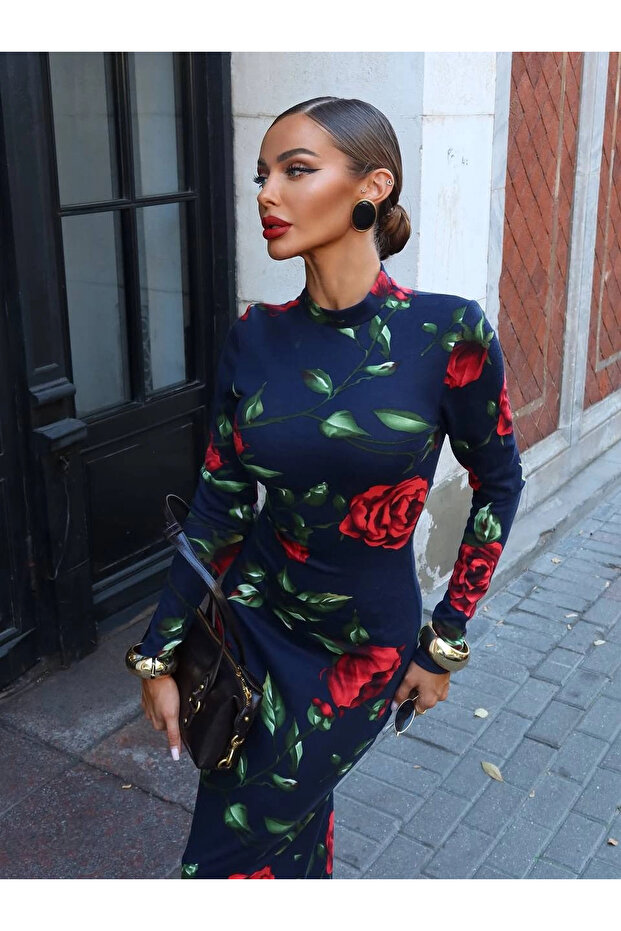 Turtleneck Patterned Maxi Dress - 2