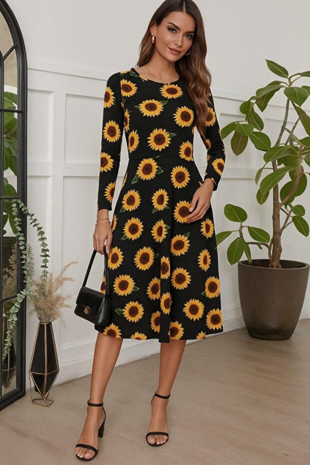 guler rotund Rochie Midi Micro - Negru - 1