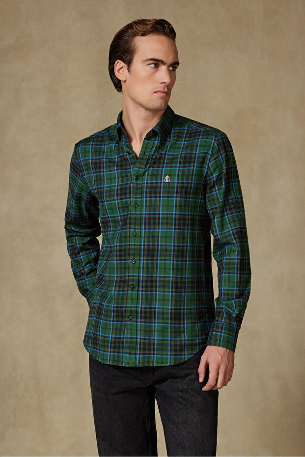 Luca Flannel Cotton Blend Comfort Fit Khaki Button down Collar Men's Plaid Shirt