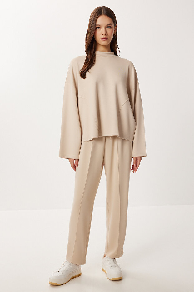 Batwing Sleeve Ribbed Modal Top and Bottom Set Ldm0009 Cream