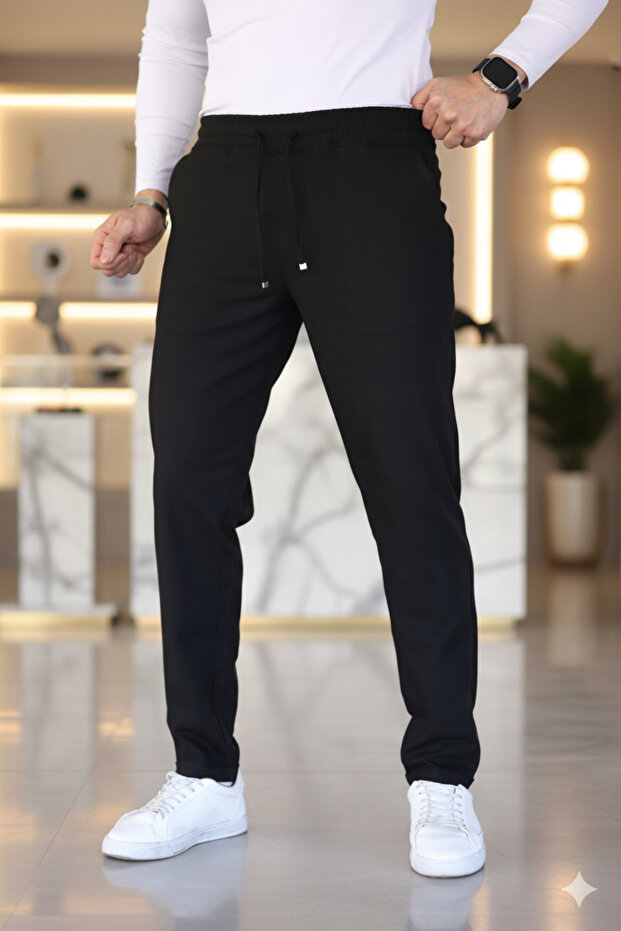 Black Elastic Waist Lace-Up Jogger Pants