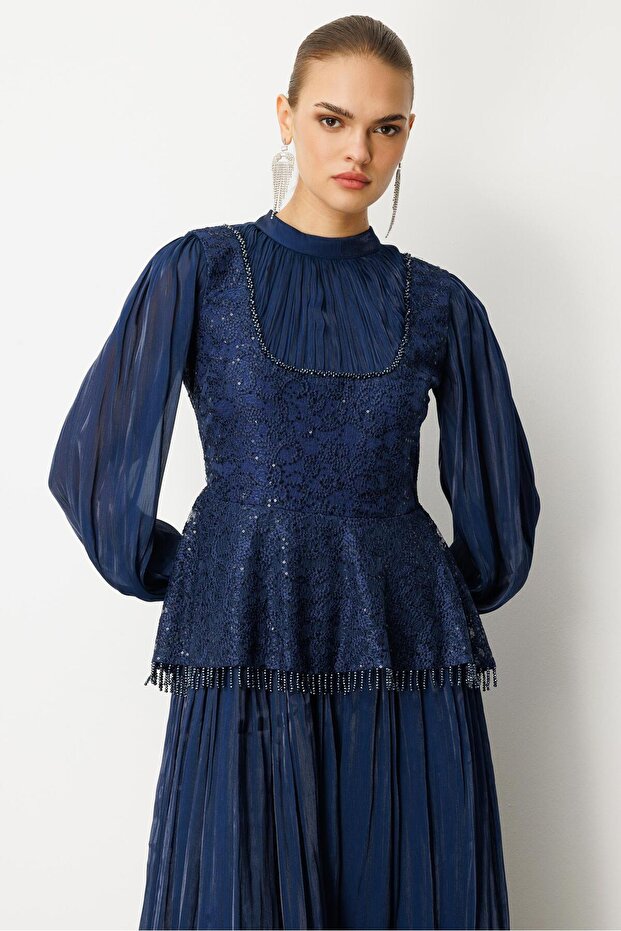 Drape İşlemeli Elbise LACİVERT - 5