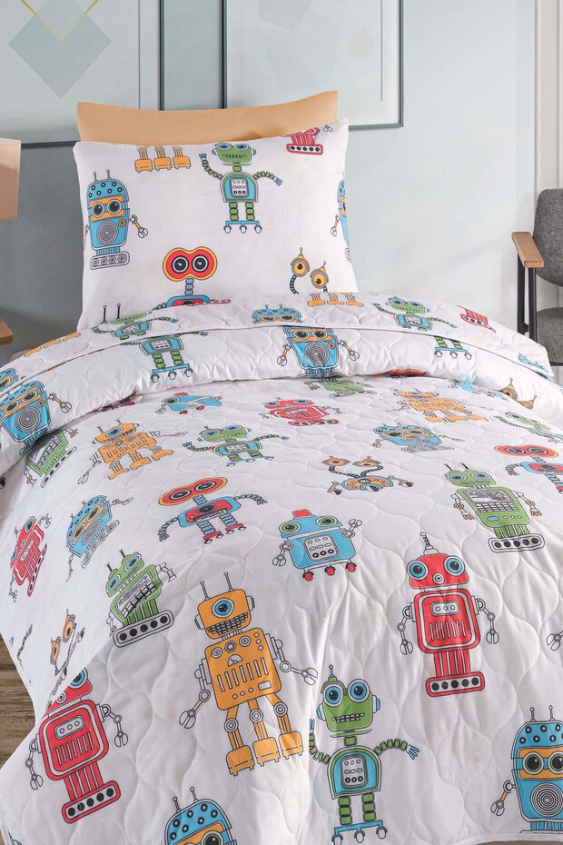 Yatak Örtüsü Seti Tek Kişilik Pamuklu 2 Parça – Roboti Desen – Beyaz / Yumuşak Dokulu - 2