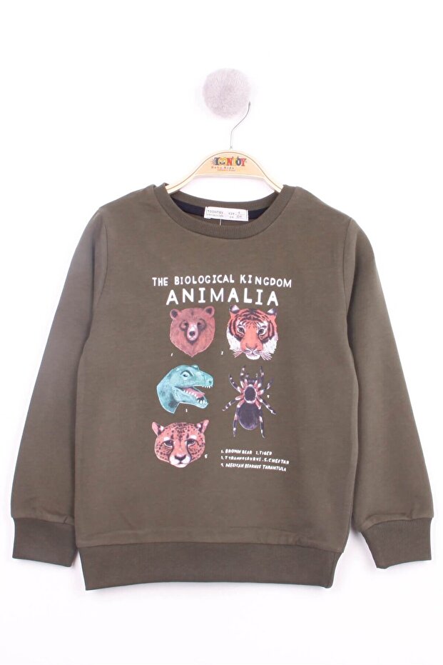 Khaki Boy's Relax Fit Crew Neck Animal Printed Sweatshirt - 2 Thread