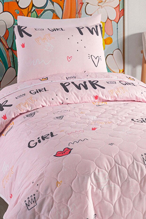 Yatak Örtüsü Seti Tek Kişilik Pamuklu 2 Parça – Power Desen – Pembe / Yumuşak Dokulu - 2
