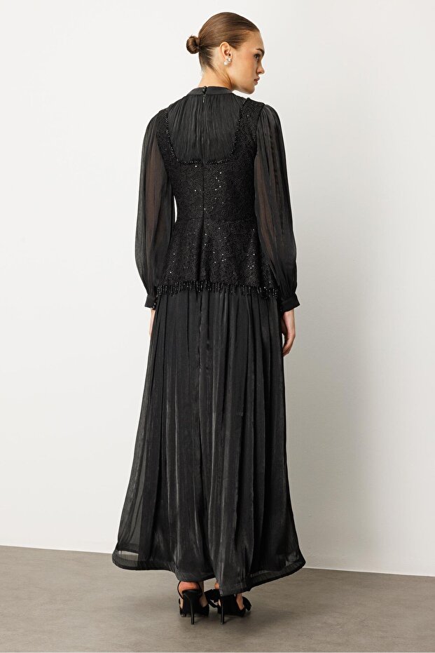 Drape İşlemeli Elbise SİYAH - 6