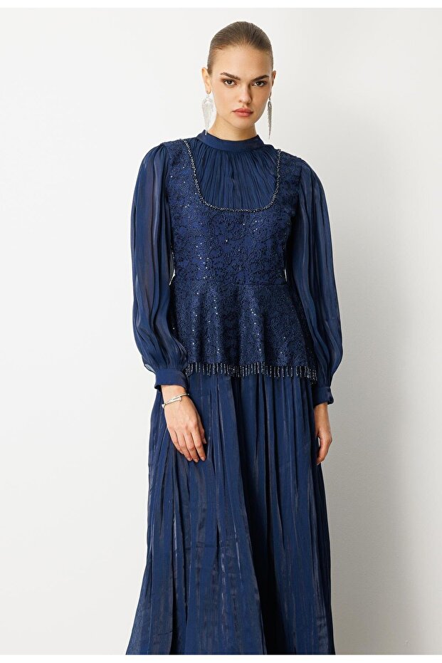 Drape İşlemeli Elbise LACİVERT - 1