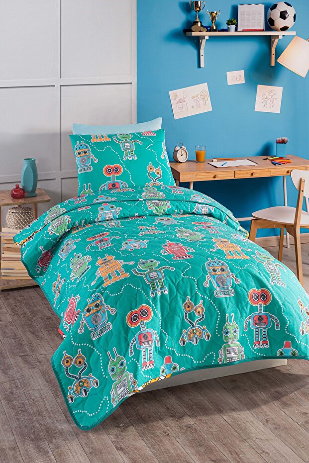 Yatak Örtüsü Seti Tek Kişilik Pamuklu 2 Parça – Roboti Desen – Yeşil / Yumuşak Dokulu - 3