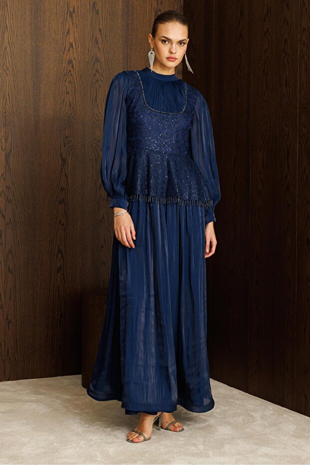 Drape İşlemeli Elbise LACİVERT - 2