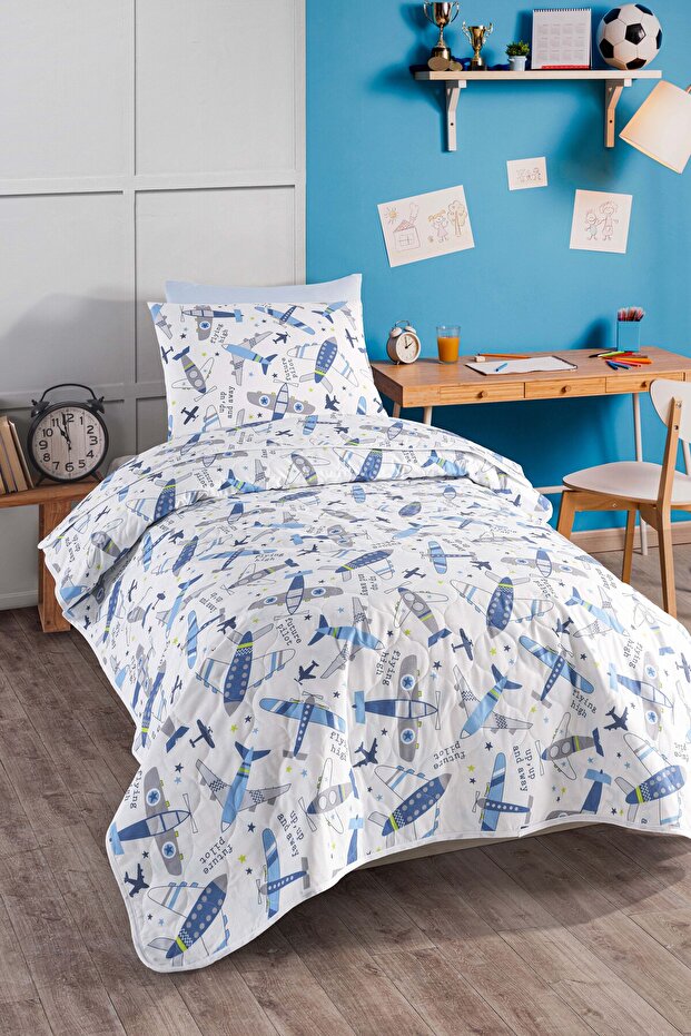 Yatak Örtüsü Seti Tek Kişilik Pamuklu 2 Parça – Kanatlar Desen – Mavi-Beyaz / Yumuşak Dokulu - 3