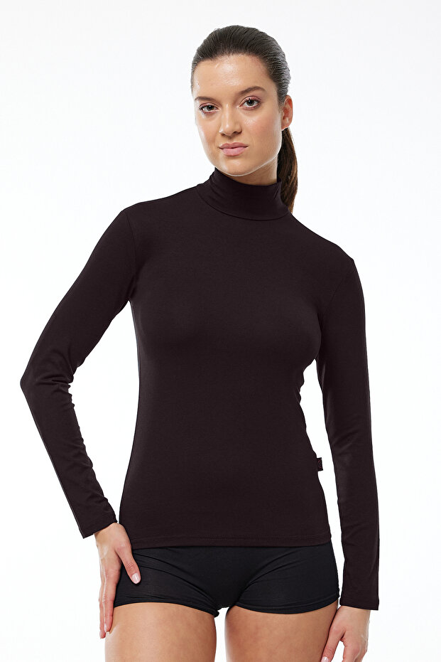Women's Brown Long Sleeve Half Turtleneck Modal Body 180