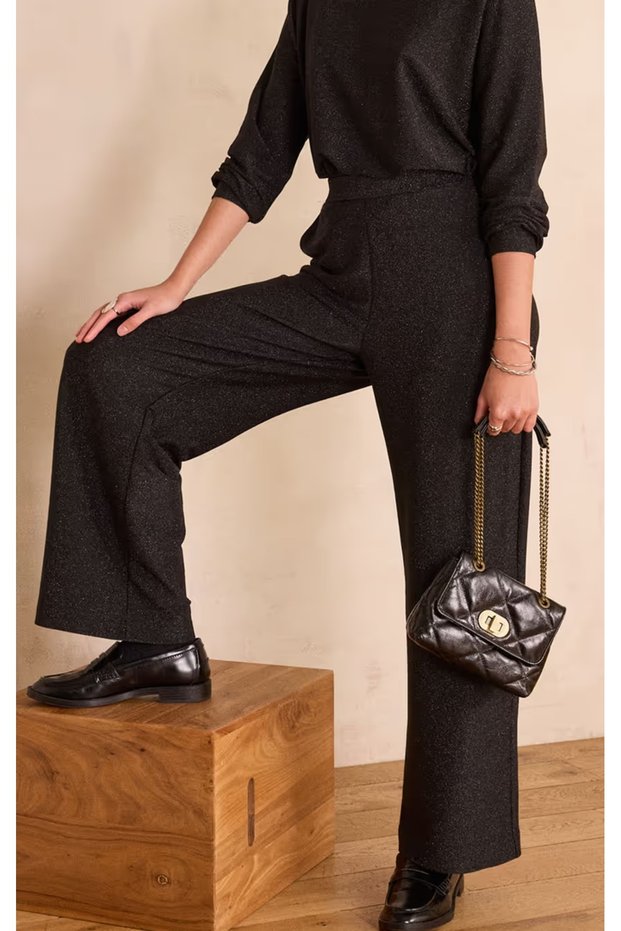 Black Glitter Wide Leg Pants High Waist Stylish Women's Trousers
