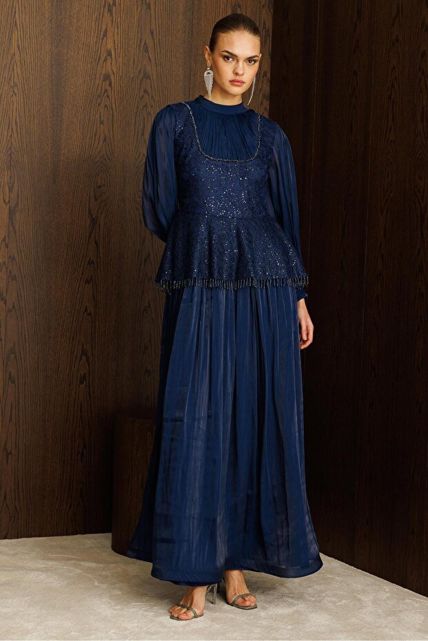 Drape İşlemeli Elbise LACİVERT - 4