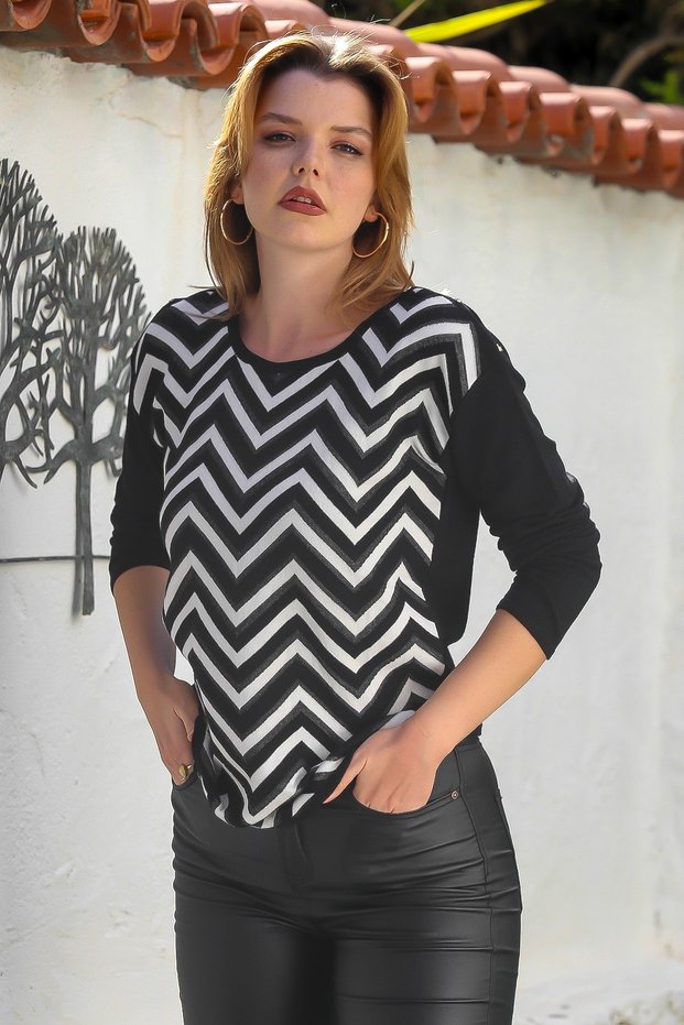 Black Boat Neck Long Sleeve Zigzag Patterned Casual Knitwear Sweater 65 60