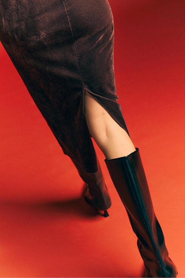 Kadife dar midi elbise - 4