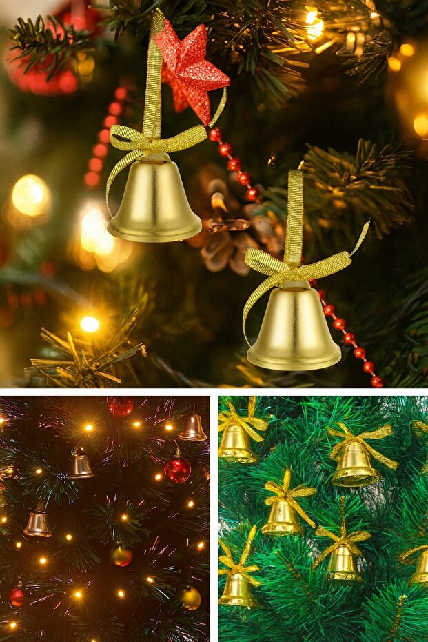 12 Pieces Mini Bell Christmas Tree Ornament 3 cm Gold Christmas Tree Ornament with Yellow Ribbon