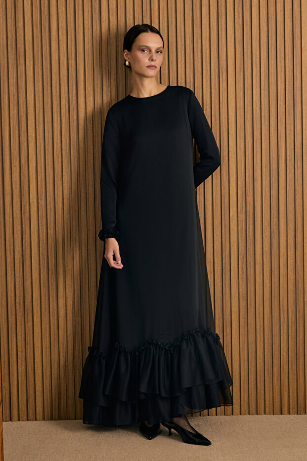 Fırfırlı Şifon Elbise - 1