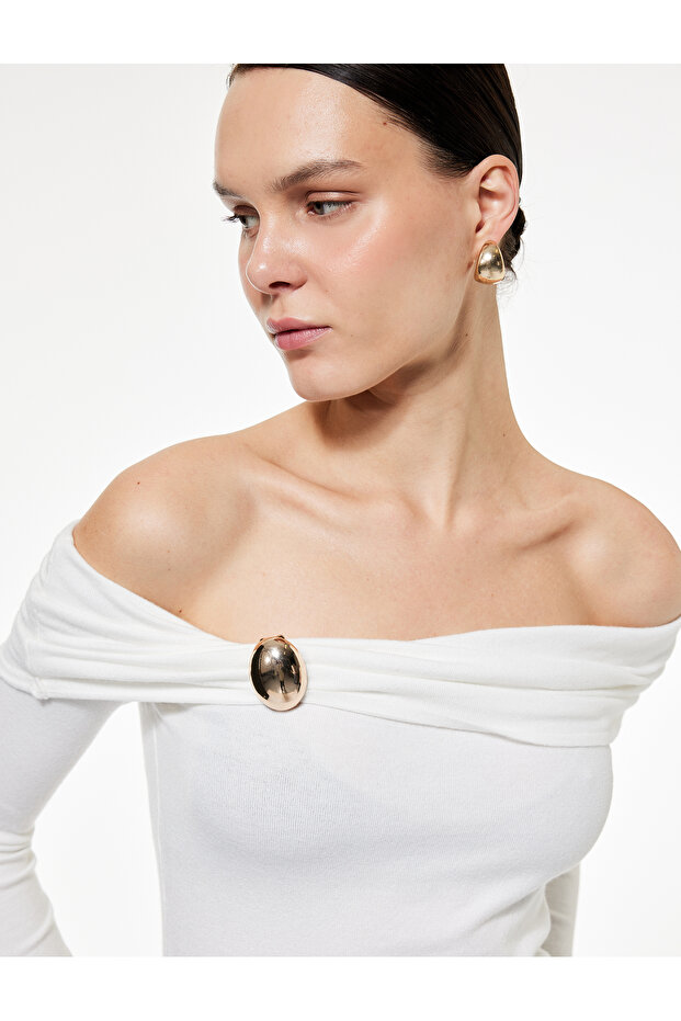 Long Sleeve Off-The-Shoulder Madonna Collar Knit Sweater with Accessory Detail