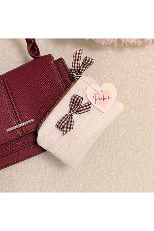 Brown Plaid Ribbon Detailed Mini Card Holder/Wallet/Keychain