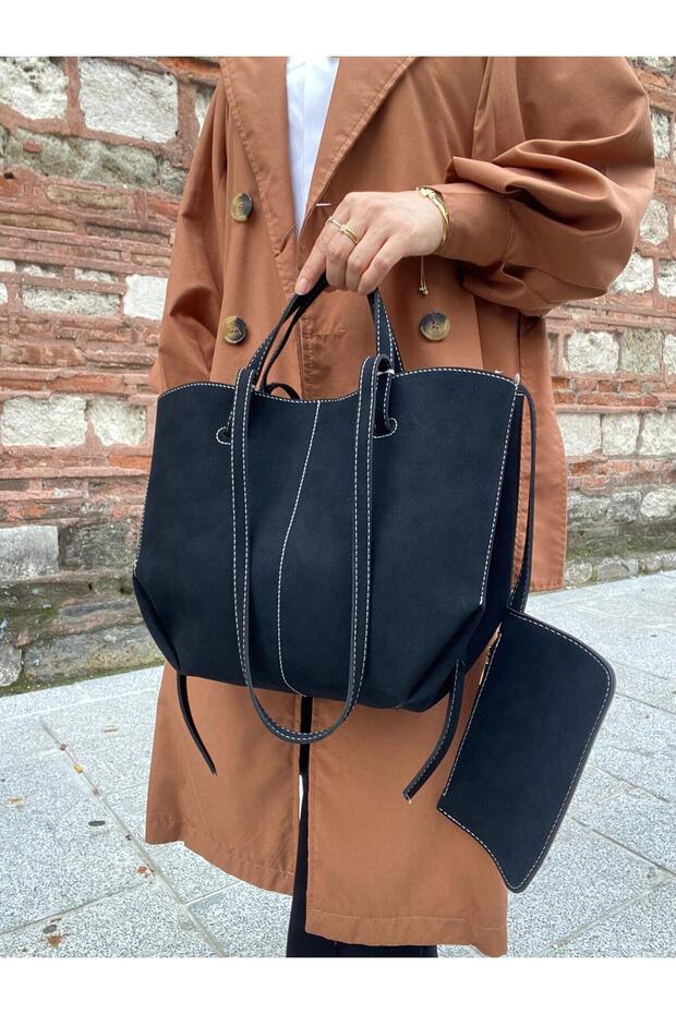 Suede Women's Black Polen Hand and Shoulder Bag