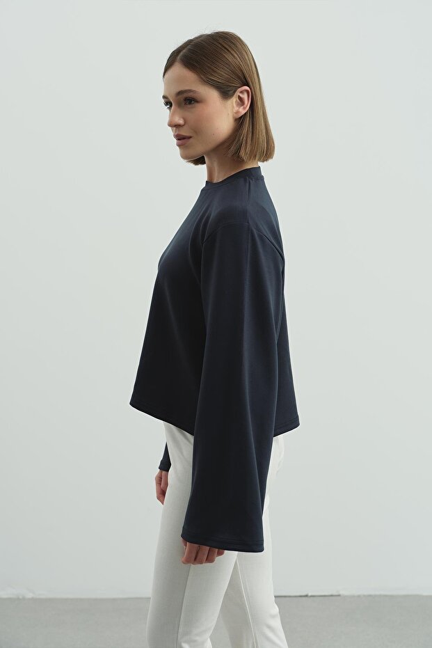 Oversize Basic Kısa Sweatshirt 981 Füme - 2