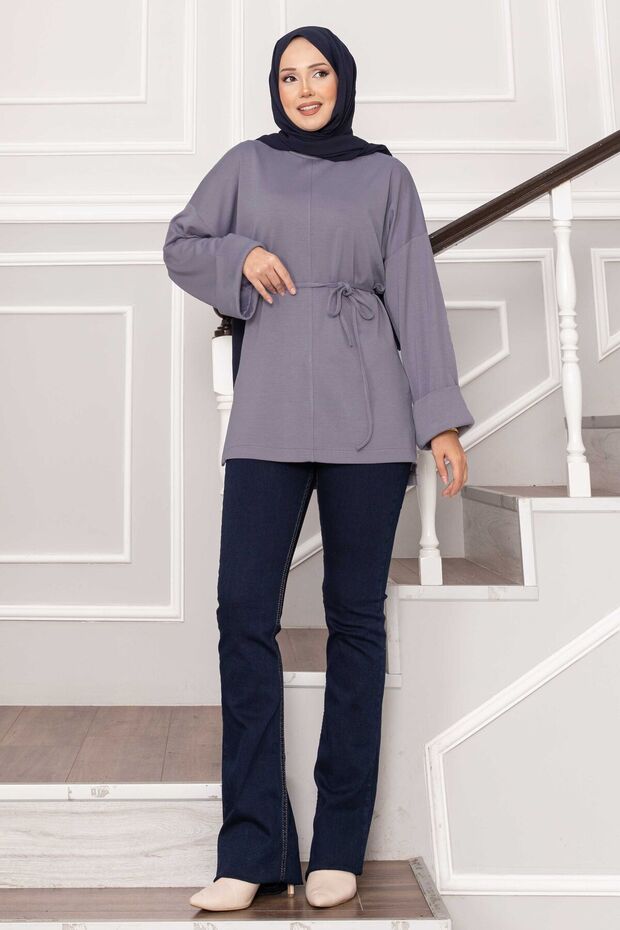Cuffed Sleeves Belted Tunic Gray