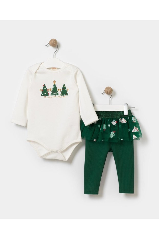 Baby Girl Cotton White Christmas Themed Bodysuit and Baby Tulle Skirt Leggings Set