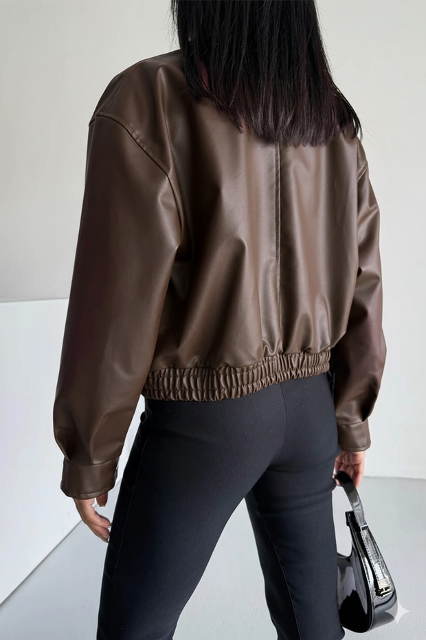 Dámská kožená bunda bomber s elastickým pasem - 6