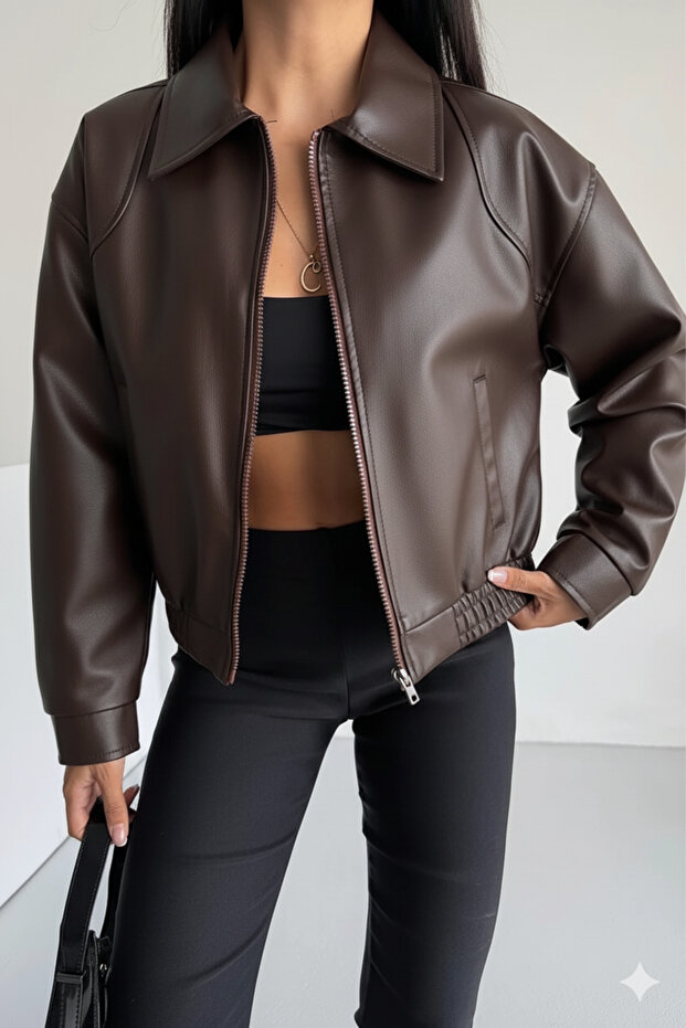 Dámská kožená bunda bomber s elastickým pasem - 5