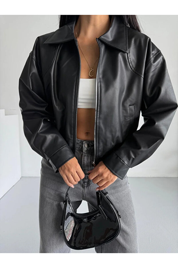 Dámská kožená bunda bomber s elastickým pasem - 2